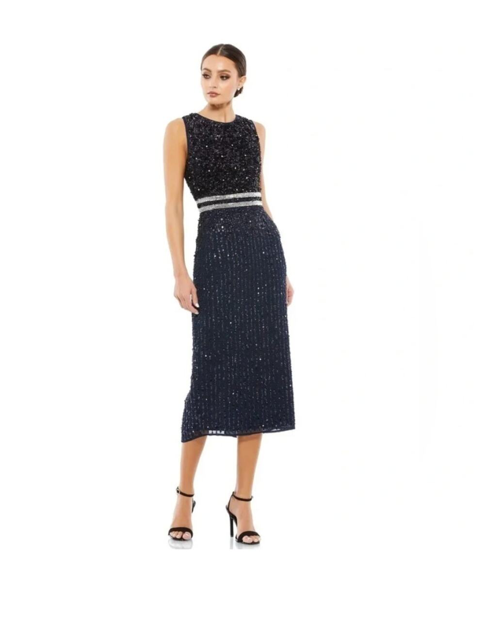 NWT Mac Duggal 10509 Navy Blue Sequin Beaded Midi Cocktail Dress Size 10